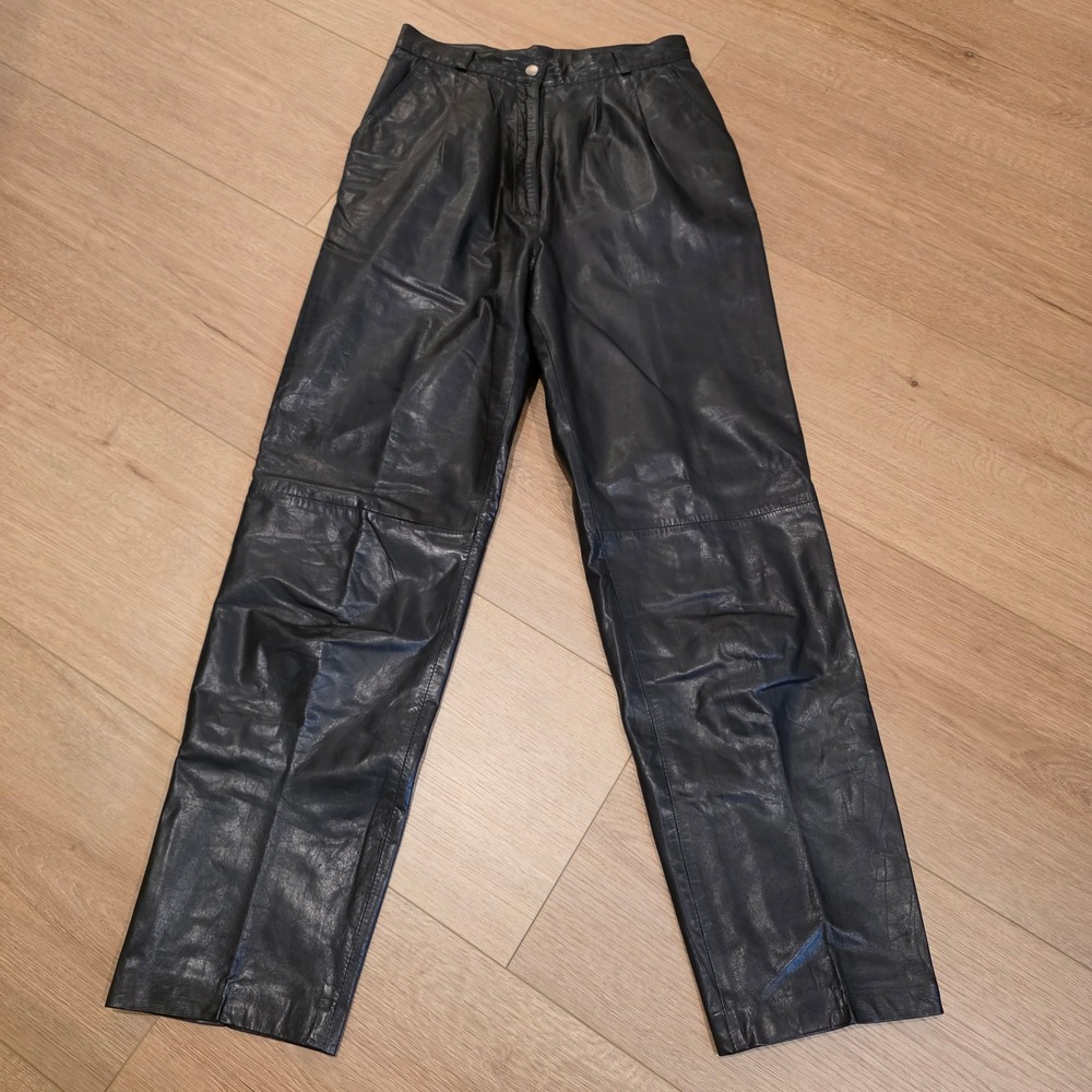 Tannery West Vintage Black Genuine Leather Pleated High Waist Pants Womens 8